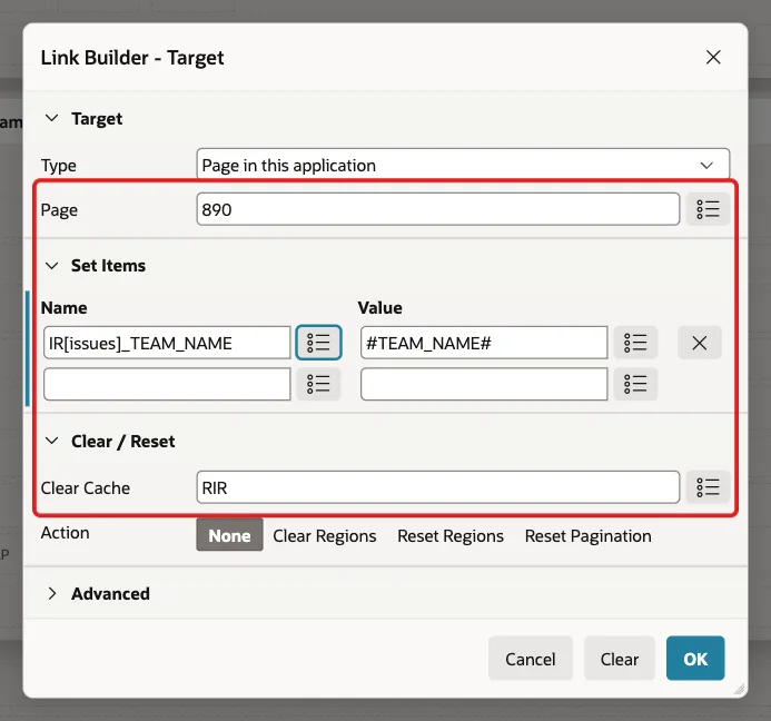 Link Builder with Page 890, item IR[issues]_TEAM_NAME set to #TEAM_NAME# and Clear Cache RIR marked with a red box