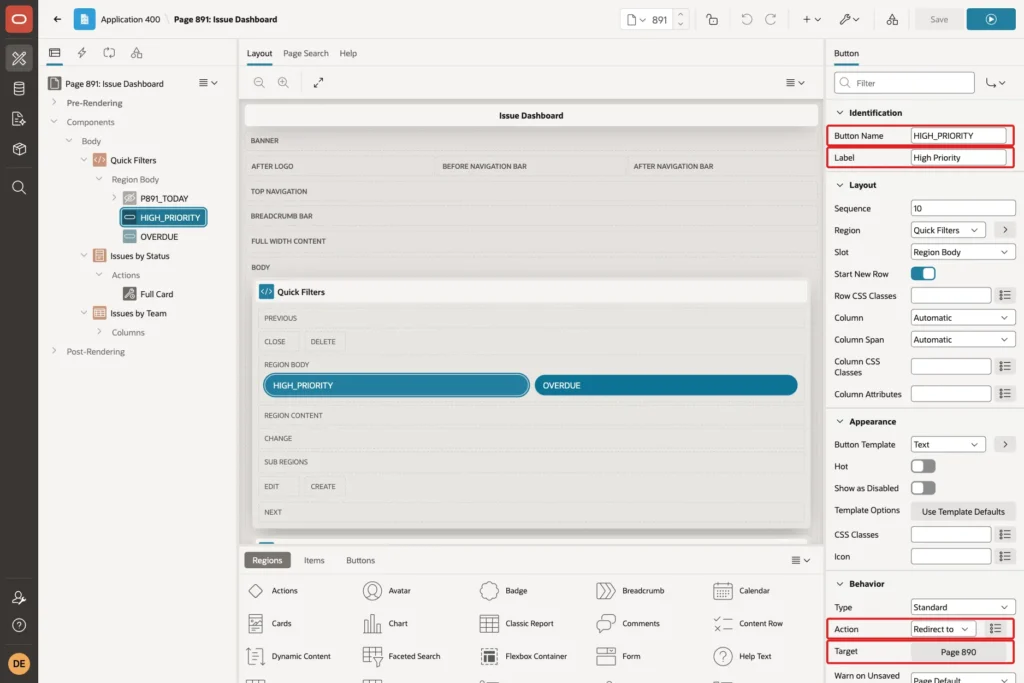Button HIGH_PRIORITY with Button Name, Label, Action and Target marked with red boxes