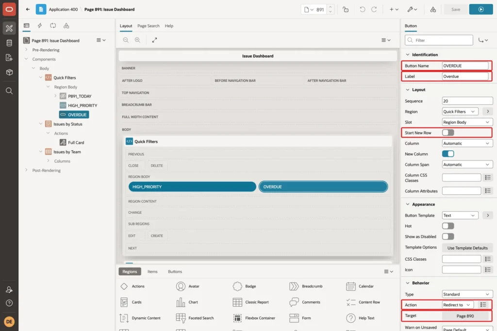 Button OVERDUE with Button Name, Label, Start New Row off, Action and Target marked with red boxes