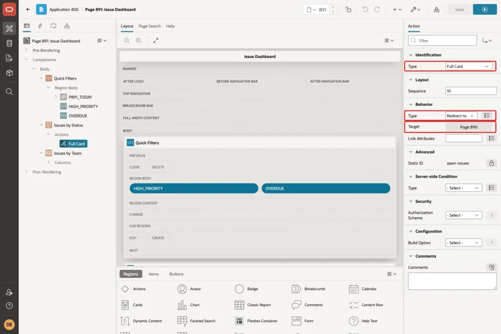 Full Card action with Type Full Card, Behavior Type and Target marked with red boxes
