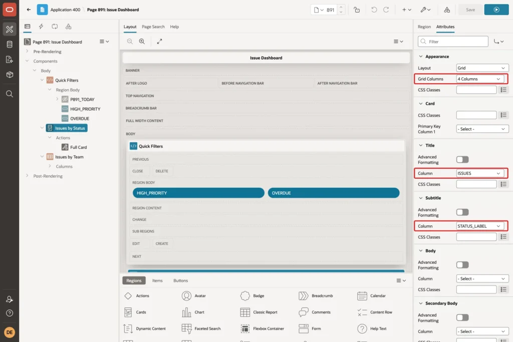 Cards Attributes tab with Grid Columns 4 Columns, Title Column ISSUES and Subtitle Column STATUS_LABEL marked with red boxes