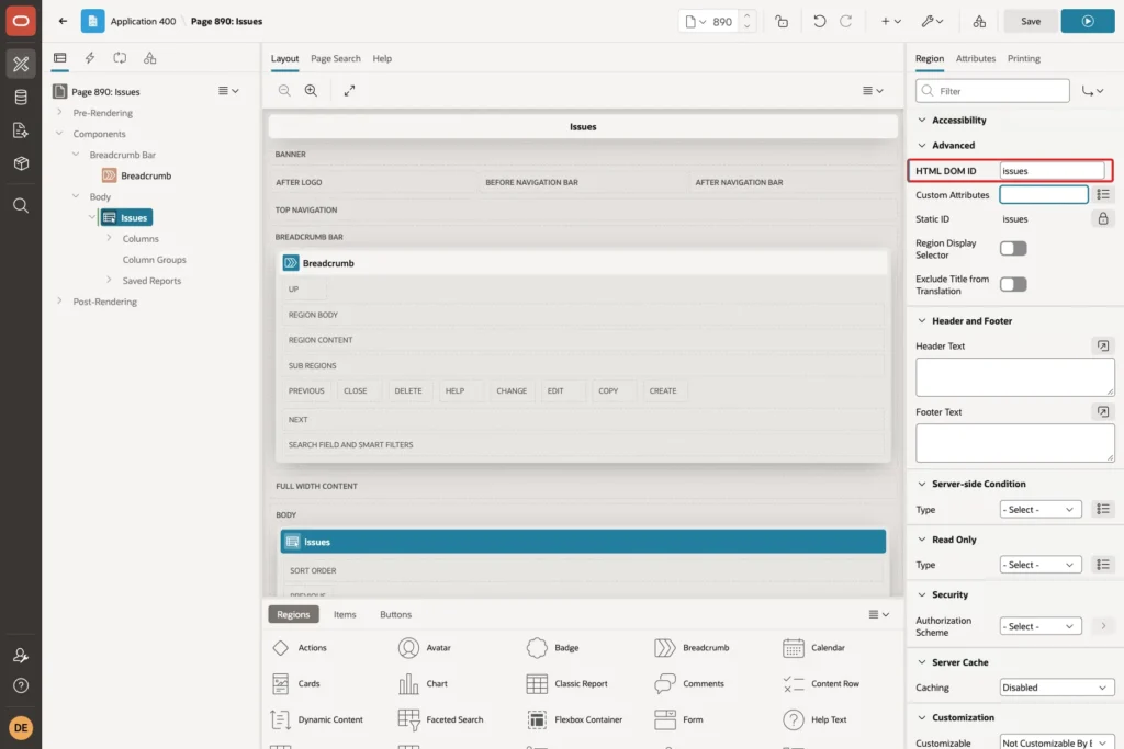 Issues region in Page Designer with HTML DOM ID set to issues marked with a red box