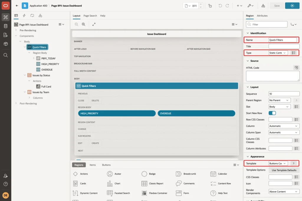 Static Content region Quick Filters with Name, Type and Template Buttons Container marked with red boxes