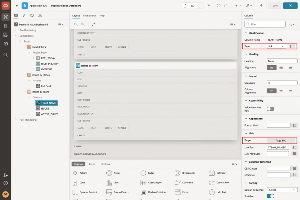 TEAM_NAME column with Type Link and Link Target marked with red boxes