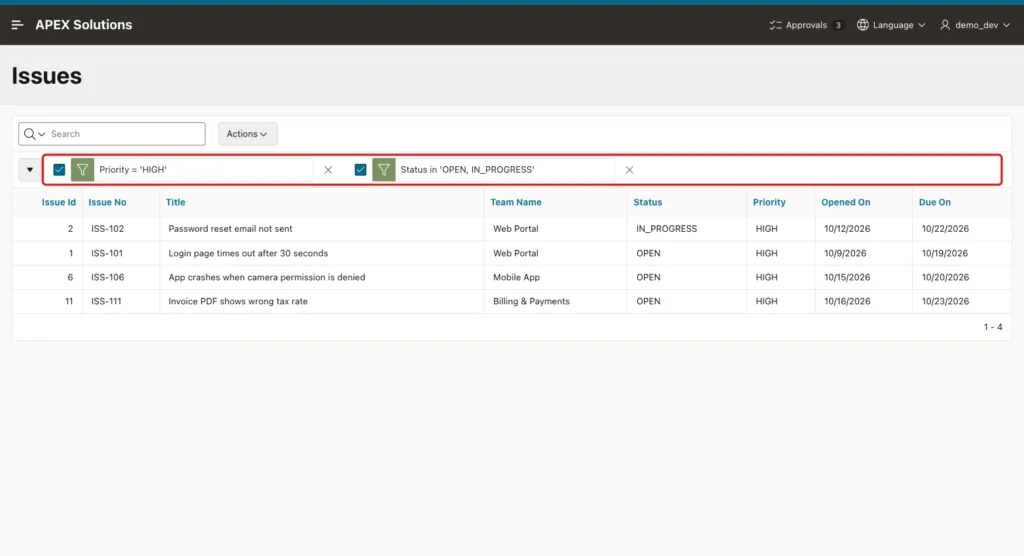 Issues report with the filters Priority = 'HIGH' and Status in 'OPEN, IN_PROGRESS' marked with a red box