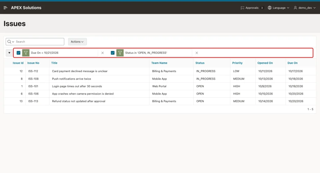 Issues report with the filters Due On < 10/21/2026 and Status in 'OPEN, IN_PROGRESS' marked with a red box