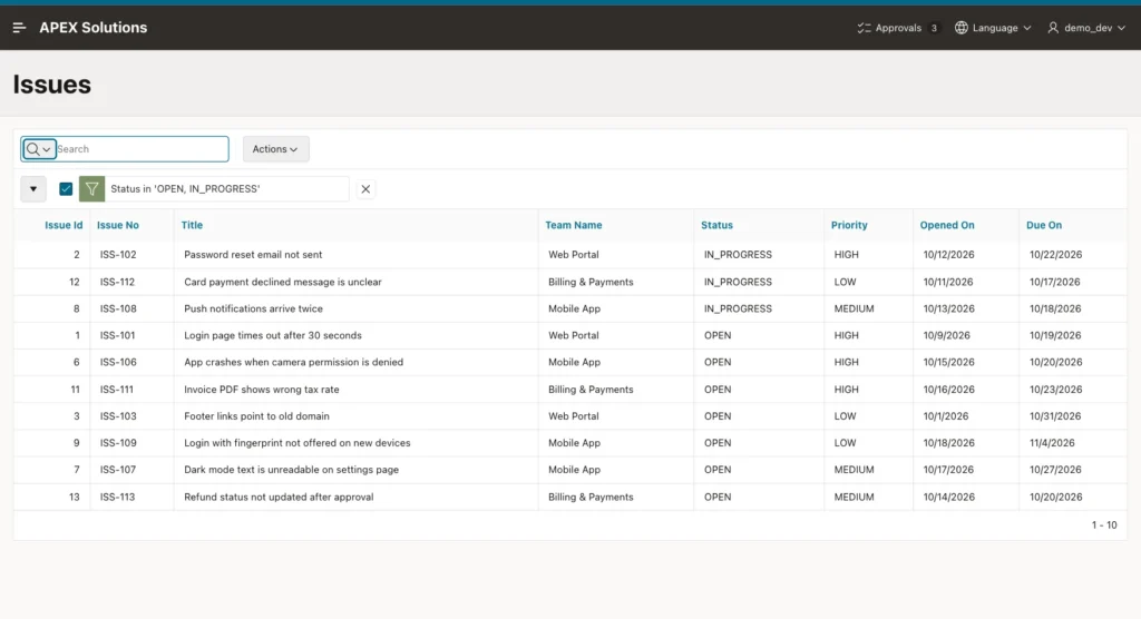 Issues report with only the filter Status in 'OPEN, IN_PROGRESS' and ten rows