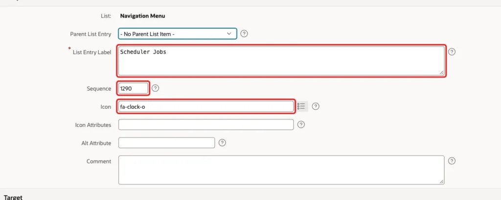 List Entry form with List Entry Label Scheduler Jobs, Sequence 1290 and Icon fa-clock-o marked with red boxes