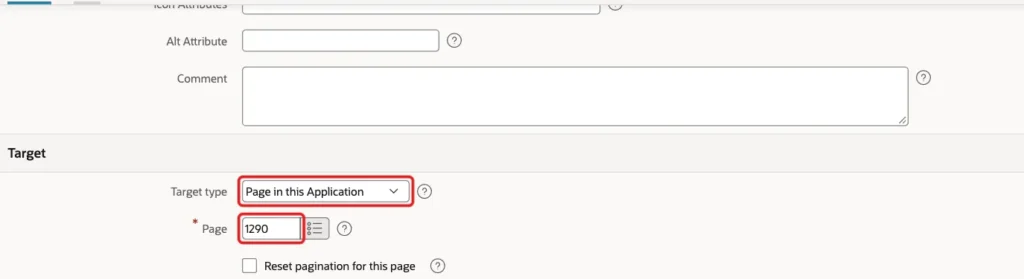 List Entry form with Target type Page in this Application and Page 1290 marked with red boxes