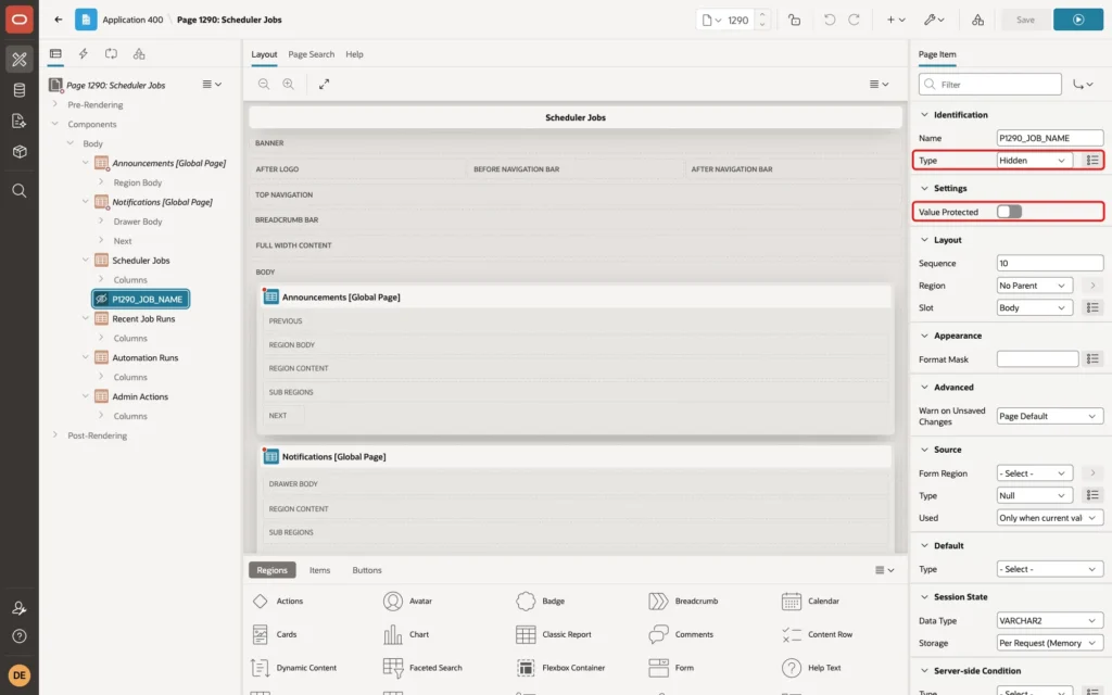 Page Designer with the item P1290_JOB_NAME selected, Type Hidden and Value Protected switched off marked with red boxes