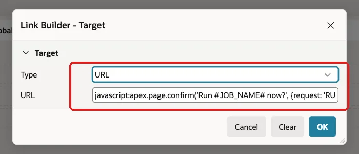 Link Builder dialog with Type URL and the URL field marked with a red box