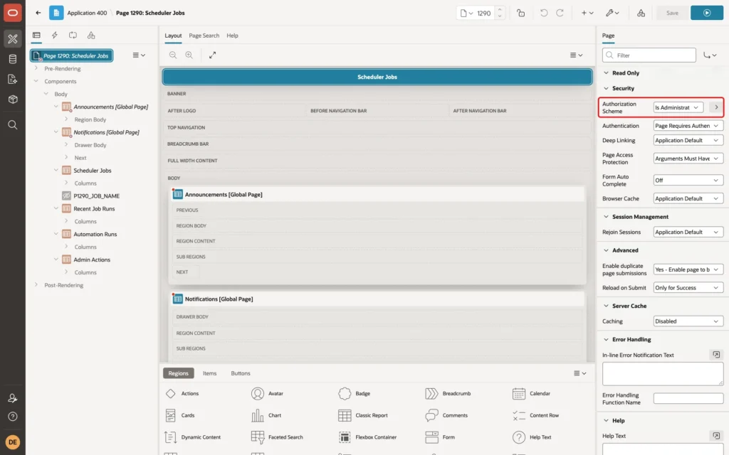 Page Designer with the page 1290 selected and the Authorization Scheme Is Administrator marked with a red box