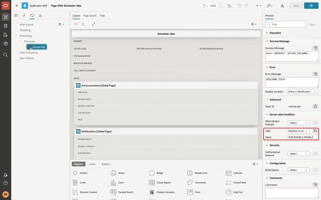 Page Designer with the Server-side Condition Type Request is contained in Value and the Value RUN,ENABLE,DISABLE marked with a red box