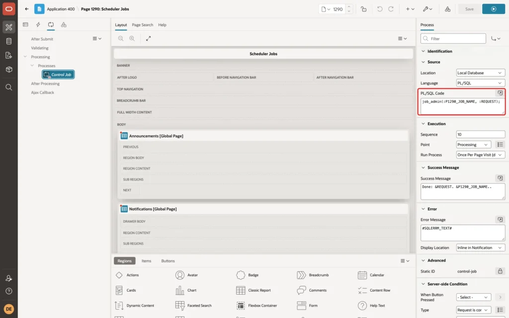 Page Designer with the process Control Job selected and the PL/SQL Code marked with a red box