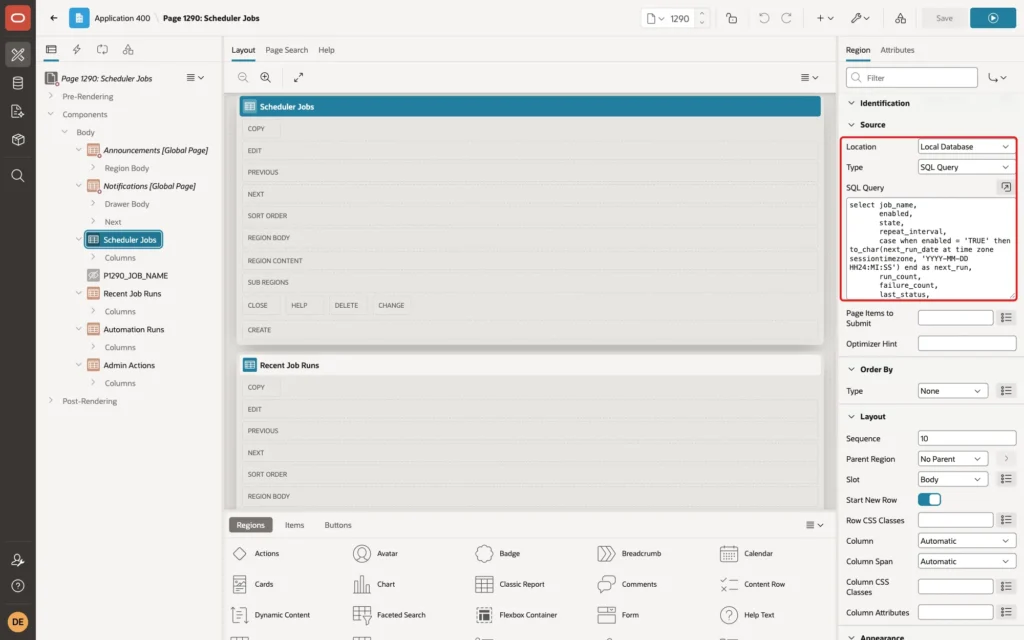 Page Designer with the region Scheduler Jobs selected and Location, Type and SQL Query marked with a red box