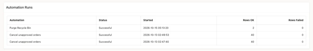 Automation Runs report with three runs, their status Successful and the number of rows processed