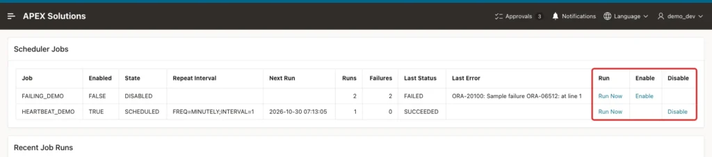 Scheduler Jobs report with the two jobs and the Run, Enable and Disable columns marked with a red box