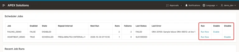 Scheduler Jobs report with the two jobs and the Run, Enable and Disable columns marked with a red box