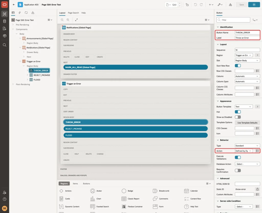 Page Designer with the button THROW_ERROR, label Throw an Error and Action Defined by Dynamic Action marked with red boxes