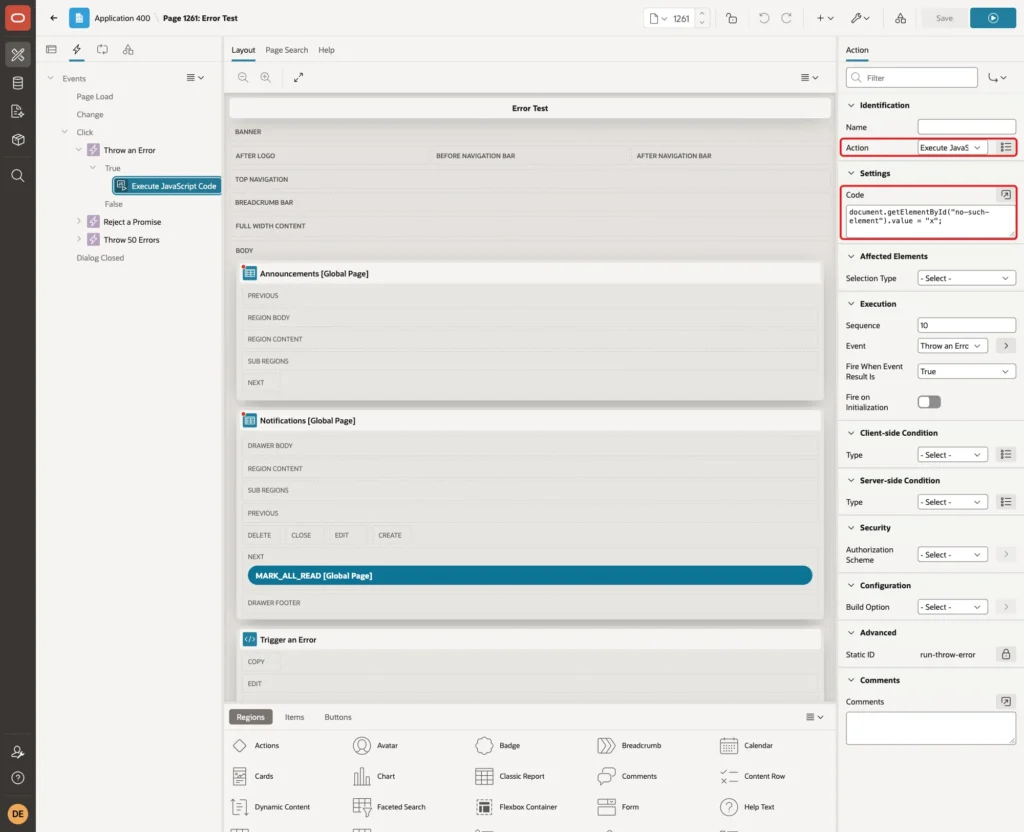 Page Designer with the dynamic action Throw an Error, the action Execute JavaScript Code and the code marked with red boxes