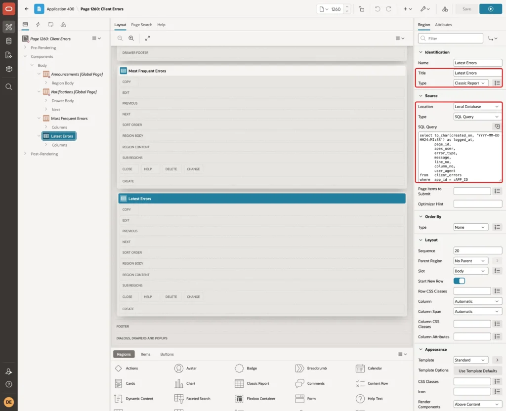 Page Designer with the region Latest Errors, Type Classic Report, Location Local Database, Type SQL Query and the query marked with red boxes