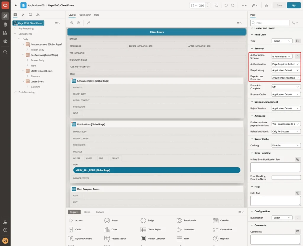 Page Designer with the page security properties Authorization Scheme and Page Access Protection marked with a red box