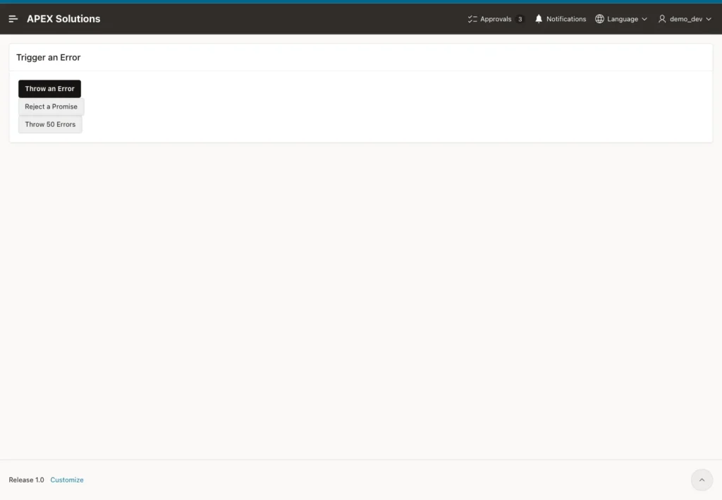 The Error Test page with the three buttons Throw an Error, Reject a Promise and Throw 50 Errors