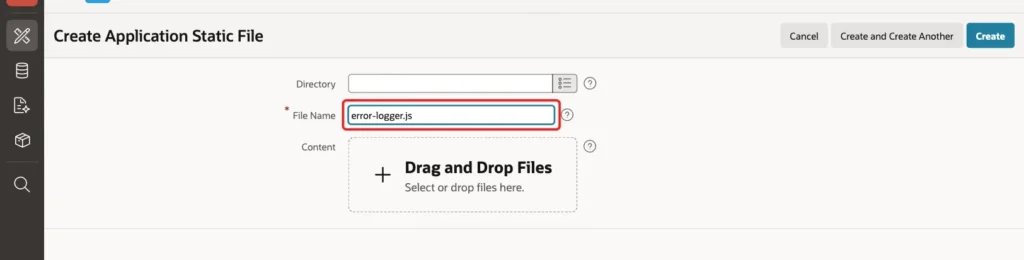 Create Application Static File page with the File Name error-logger.js marked with a red box