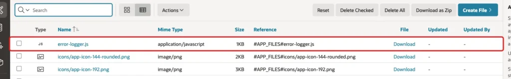 Static Application Files list with the row error-logger.js and its reference marked with a red box