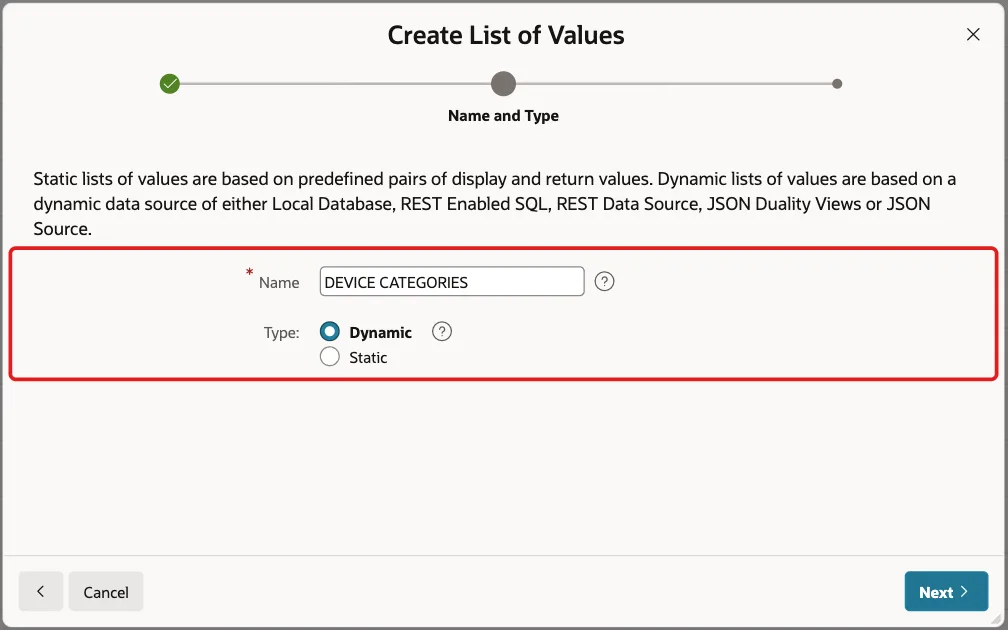 Name and Type screen with Name DEVICE CATEGORIES and Type Dynamic marked with a red box