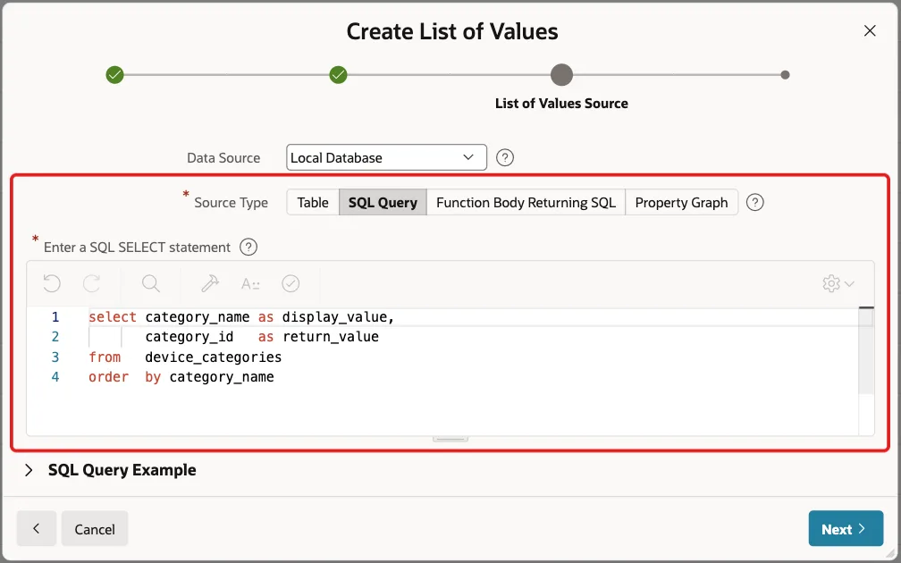 List of Values Source screen with Source Type SQL Query and the query marked with a red box