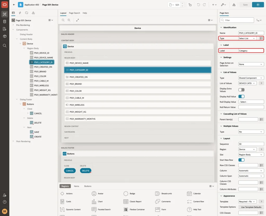 P501_CATEGORY_ID with Type Select List and Label Category marked with red boxes