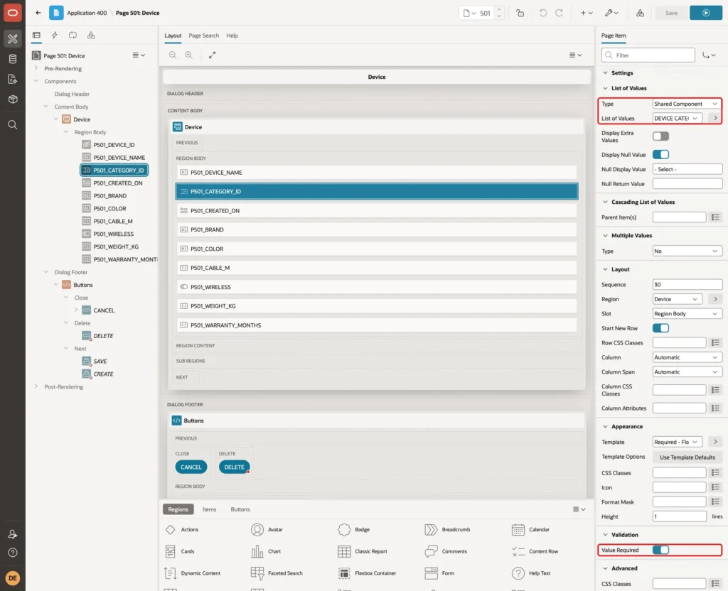 P501_CATEGORY_ID with List of Values type Shared Component, DEVICE CATEGORIES and Value Required marked with red boxes