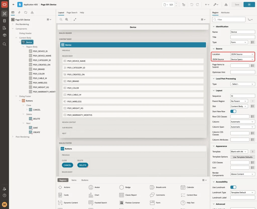 Page Designer with the Device form region and Source Location JSON Source and JSON Source Device Specs marked with a red box