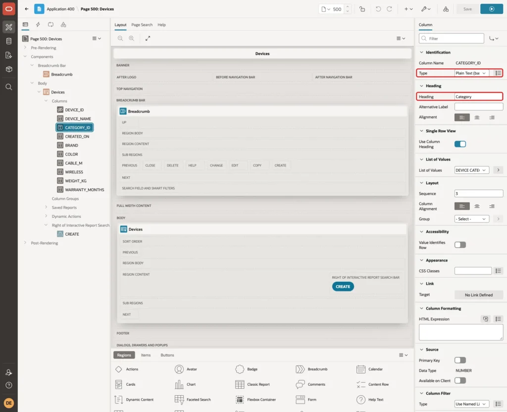 CATEGORY_ID report column with Type Plain Text based on List of Values and Heading Category marked with red boxes