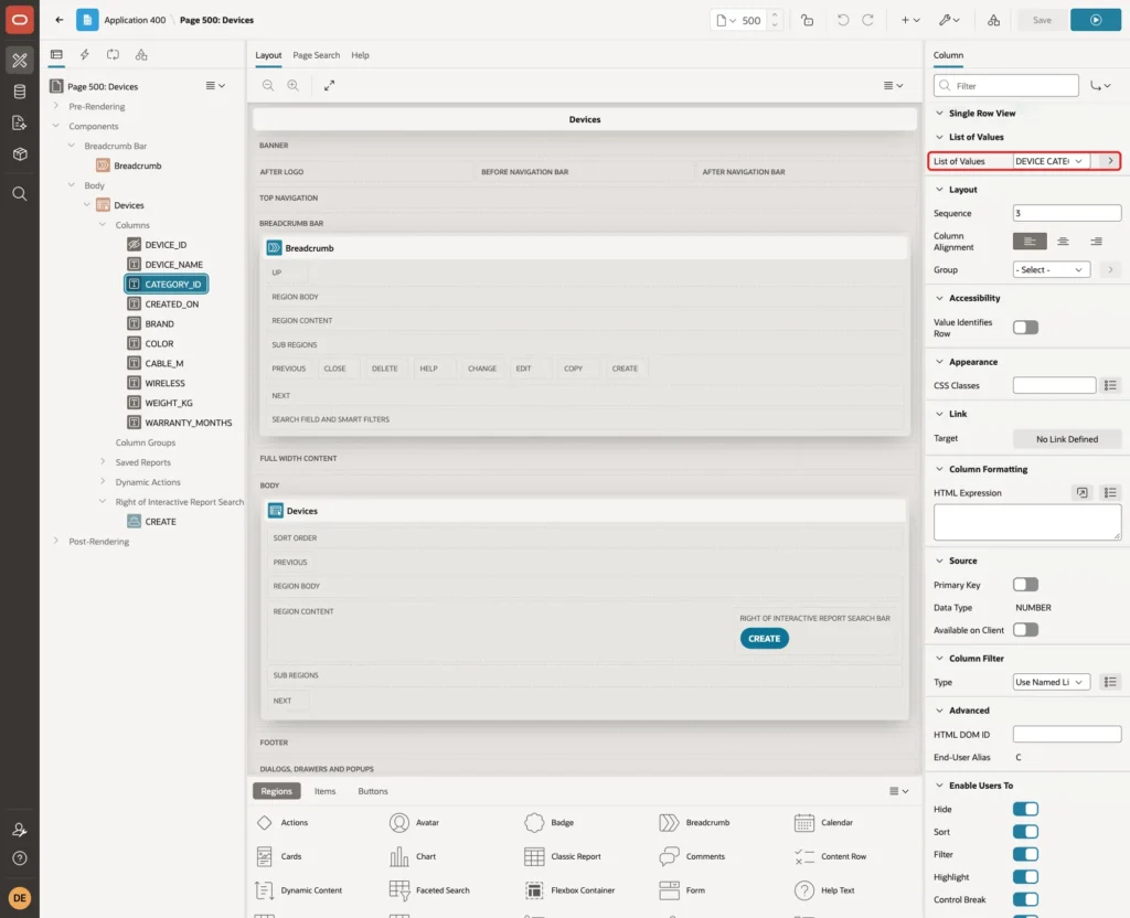 CATEGORY_ID report column with List of Values DEVICE CATEGORIES marked with a red box