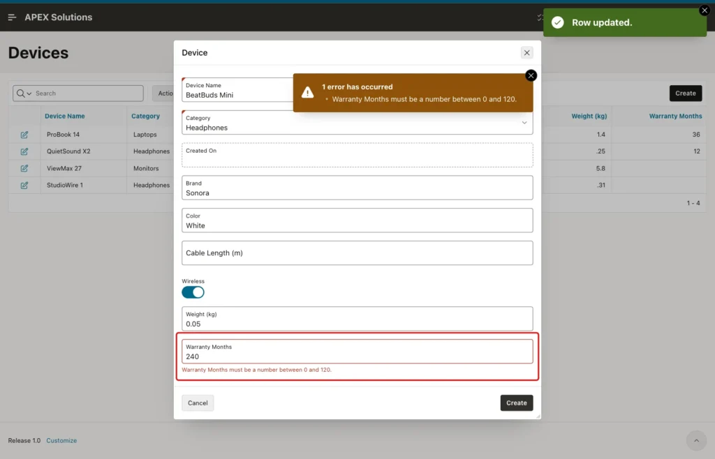 Device form with Warranty Months 240 and the message Warranty Months must be a number between 0 and 120 marked with a red box