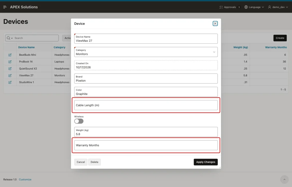 Device form for ViewMax 27 with the empty Cable Length and Warranty Months fields marked with red boxes