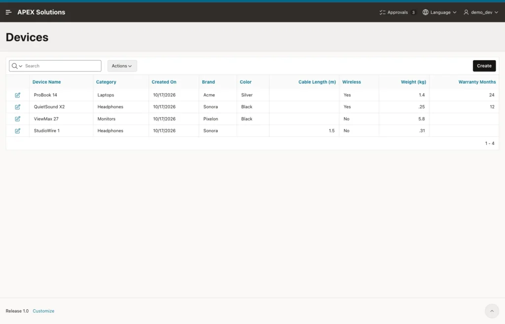 Devices interactive report showing brand, color, cable length, wireless, weight and warranty from the JSON column