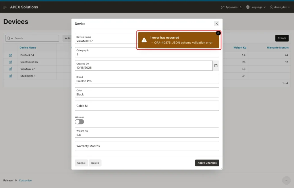 Device form with the error ORA-40875 JSON schema validation error marked with a red box