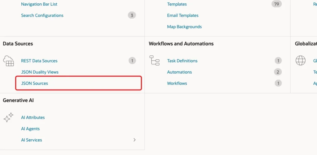 Shared Components page with JSON Sources under Data Sources marked with a red box