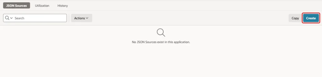 JSON Sources page with the Create button marked with a red box