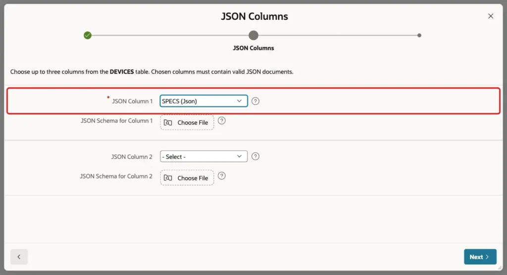 JSON Columns screen with JSON Column 1 set to SPECS (Json) marked with a red box