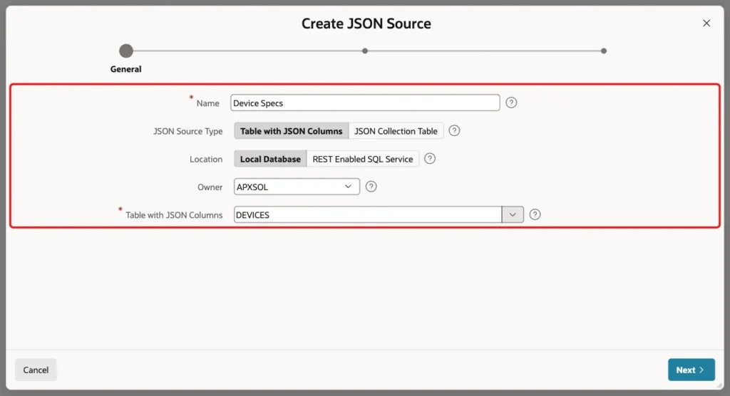 Create JSON Source General screen with Name Device Specs, Table with JSON Columns, Local Database, owner and table DEVICES marked with a red box