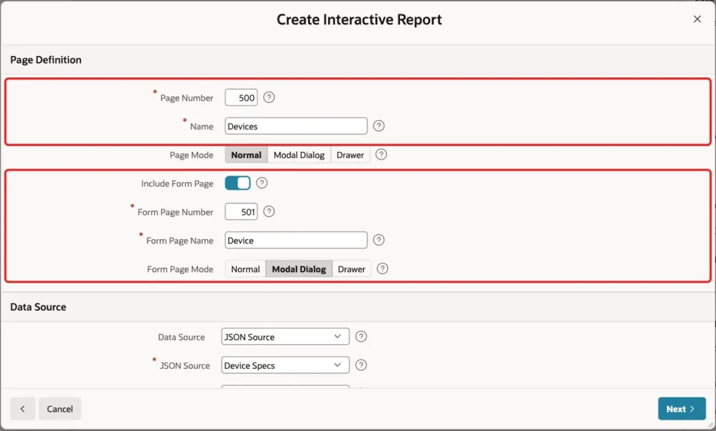 Create Interactive Report screen with page 500 Devices and form page 501 Device in Modal Dialog mode marked with red boxes