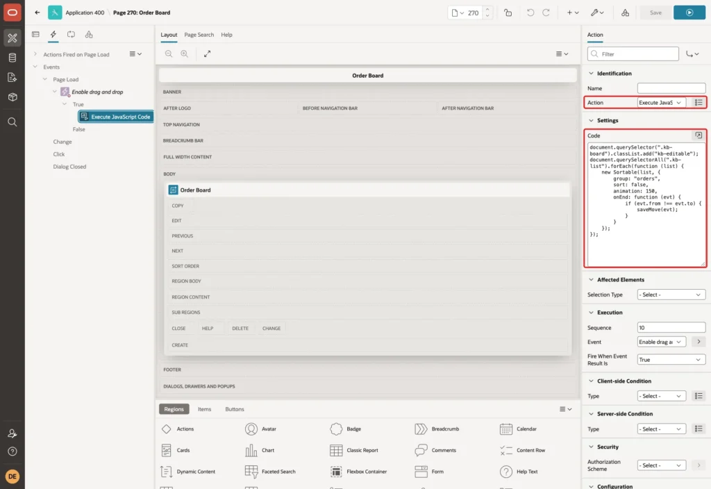 Page Designer showing the True action with Action Execute JavaScript Code and the Sortable code marked with red boxes