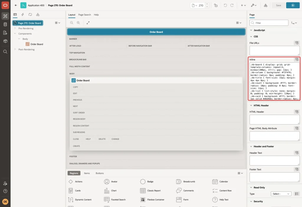 Page Designer showing the CSS group of page 270 with the Inline CSS marked with a red box