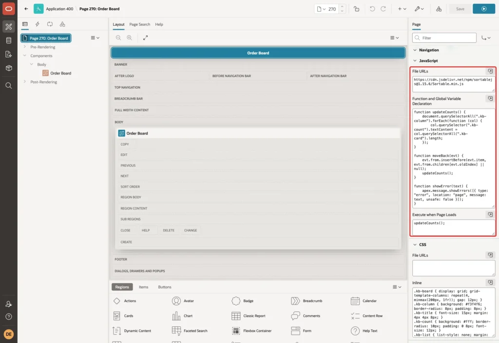 Page Designer showing the JavaScript group of page 270 with File URLs, Function and Global Variable Declaration and Execute when Page Loads marked with a red box
