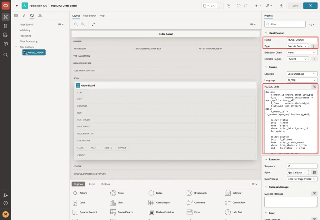 Page Designer showing the process MOVE_ORDER with Type Execute Code and the PL/SQL Code marked with red boxes