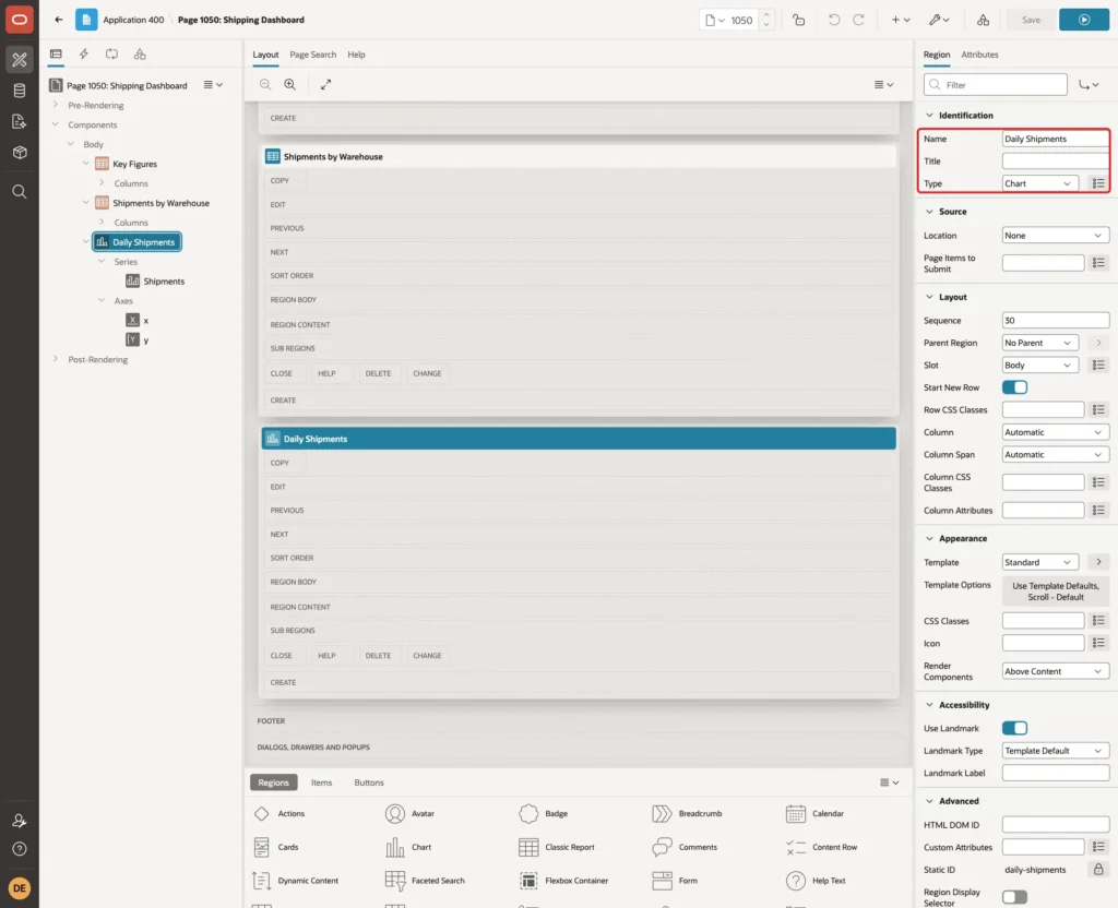 Page Designer with region Name Daily Shipments and Type Chart marked with a red box